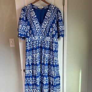 Like New Boden 16-18 Blue and White Bella Puff Sleeve Tiered Maxi Dress